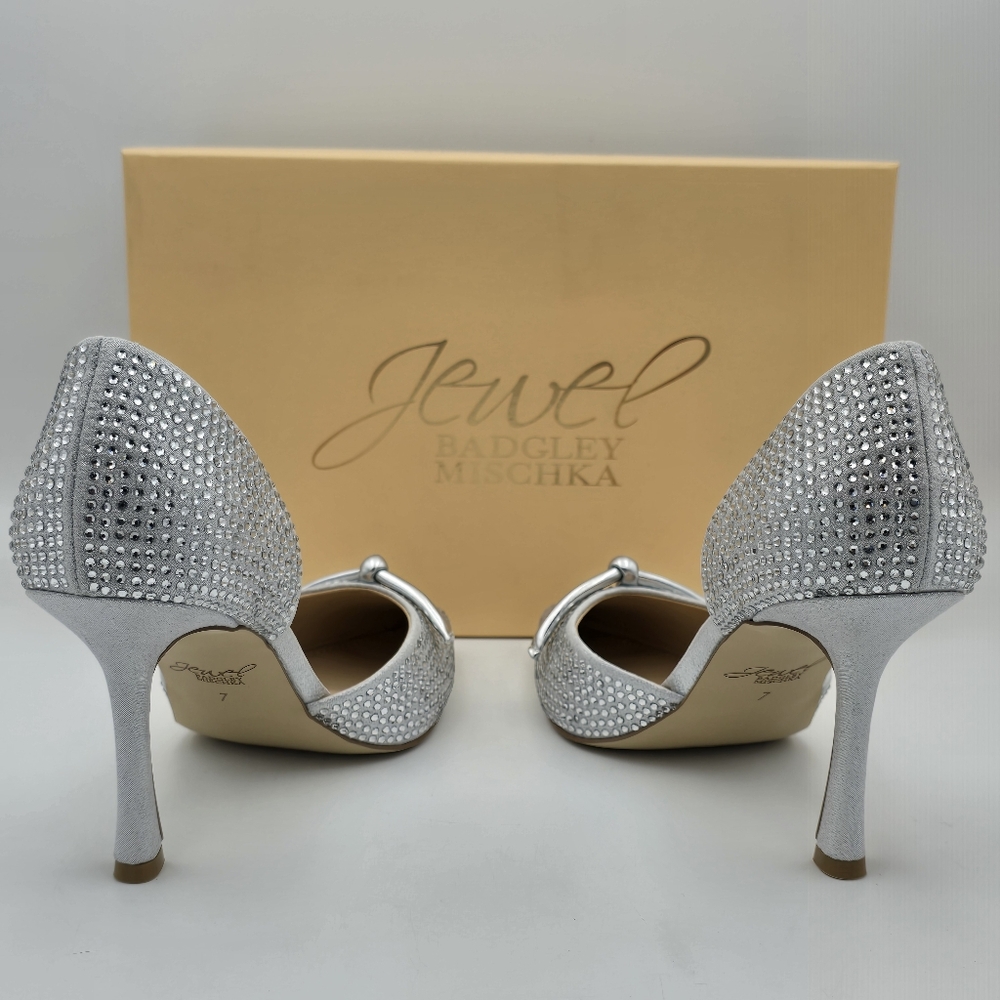NIB Jewel Badgley Terresa D'Orsay Stiletto Pumps, Silver Textile, Women's Size 7 - Picture 7 of 16